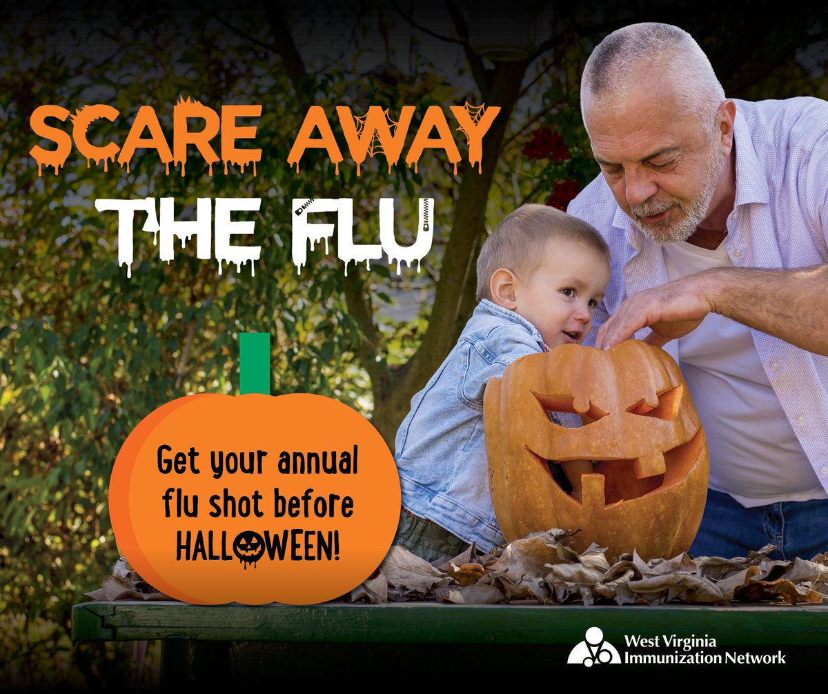 WVRuralHealth's tweet photo. Scare away the flu this year! 🎃 For the best protection heading into #FluSeason, get your flu shot before Halloween.  
 
Find a flu vaccination location near you >> https://t.co/1moxwrgB7w #iVaxToProtect #FluBeforeBoo #WVRuralHealth #FightFluWV https://t.co/iuQ3AV40y7