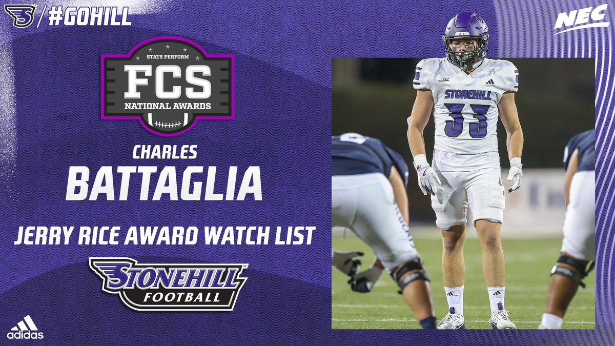 Stonehill Athletics (@gostonehill) on Twitter photo 👀 JERRY RICE AWARD WATCH LIST👀
Big news today with <a href="/StonehillFB/">Stonehill Football #DIG</a> LB Charles Battaglia named to the Jerry Rice Award Watch List for the <a href="/NCAA_FCS/">NCAA FCS Football</a> Freshman Player of the Year by <a href="/StatsPerform/">Stats Perform</a>
3⃣3⃣ tackles - 2nd on team
🏈 #NECFB Rookie of the Week (9/23) 👀 JERRY RICE AWARD WATCH LIST👀
Big news today with <a href="/StonehillFB/">Stonehill Football #DIG</a> LB Charles Battaglia named to the Jerry Rice Award Watch List for the <a href="/NCAA_FCS/">NCAA FCS Football</a> Freshman Player of the Year by <a href="/StatsPerform/">Stats Perform</a>
3⃣3⃣ tackles - 2nd on team
🏈 #NECFB Rookie of the Week (9/23)