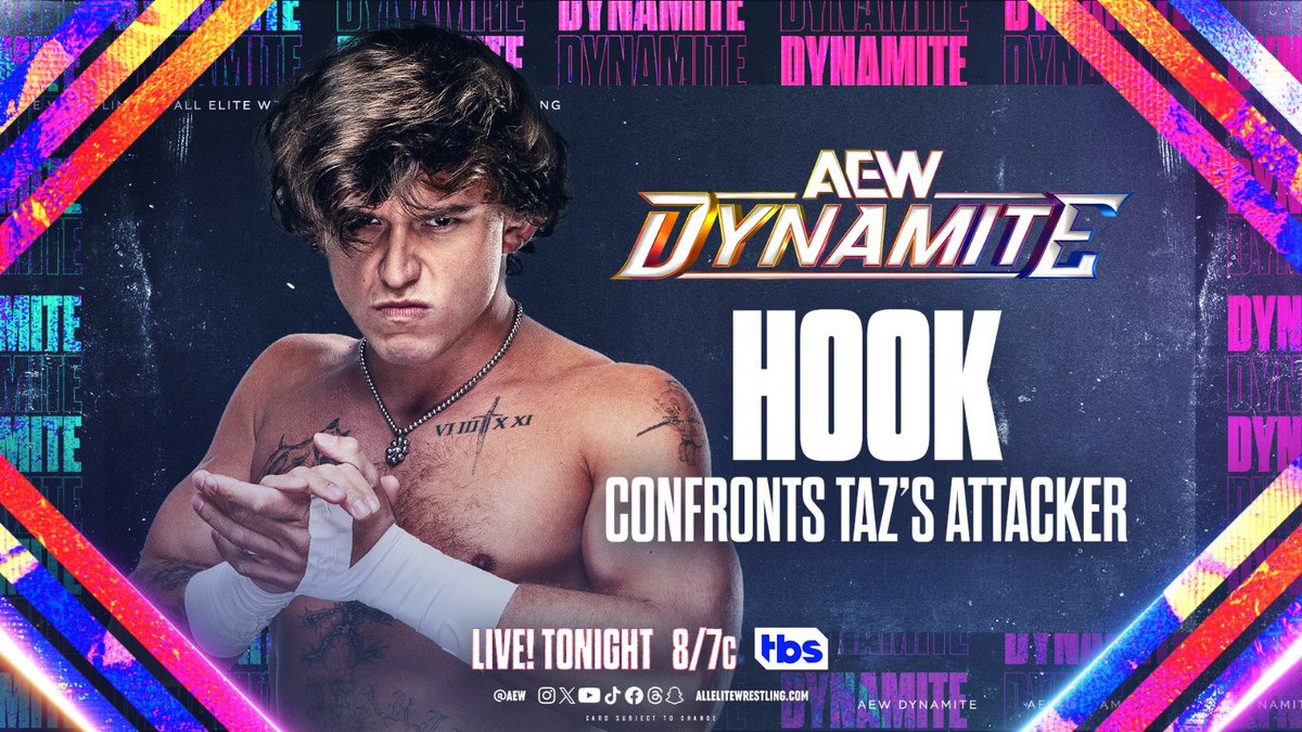 AEW's tweet photo. Wednesday Night #AEWDynamite
TONIGHT
Salt Lake City, UT
LIVE at 8pm ET / 7pm CT on @TBSNetwork 

@730hook has seen the security footage and TONIGHT he will finally confront those who attacked his father @OfficialTAZ LIVE on #AEWDynamite

TONIGHT at 8pm ET / 7pm CT on TBS! https://t.co/A0yWl3UNKV