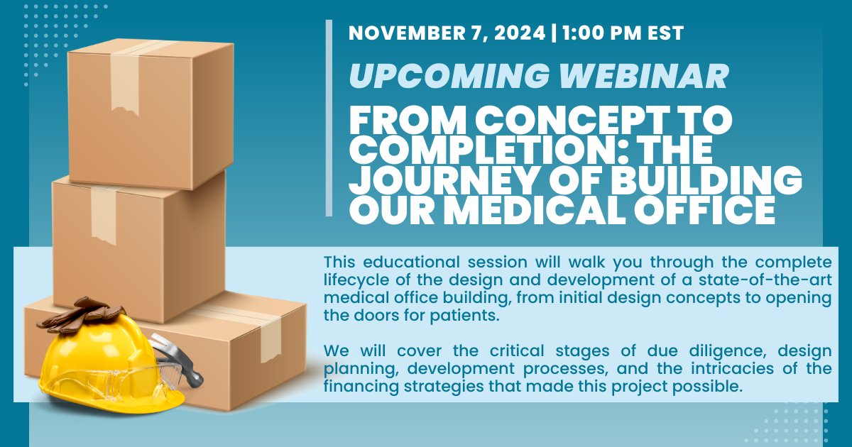 MidAtlBONES's tweet photo. Get insights into key milestones, partnerships and lessons learned while bringing a medical office building to life during our November webinar!

Attendees will learn strategies to drive success in healthcare infrastructure development.

Registration info has been sent to members https://t.co/6WigaIMFZO