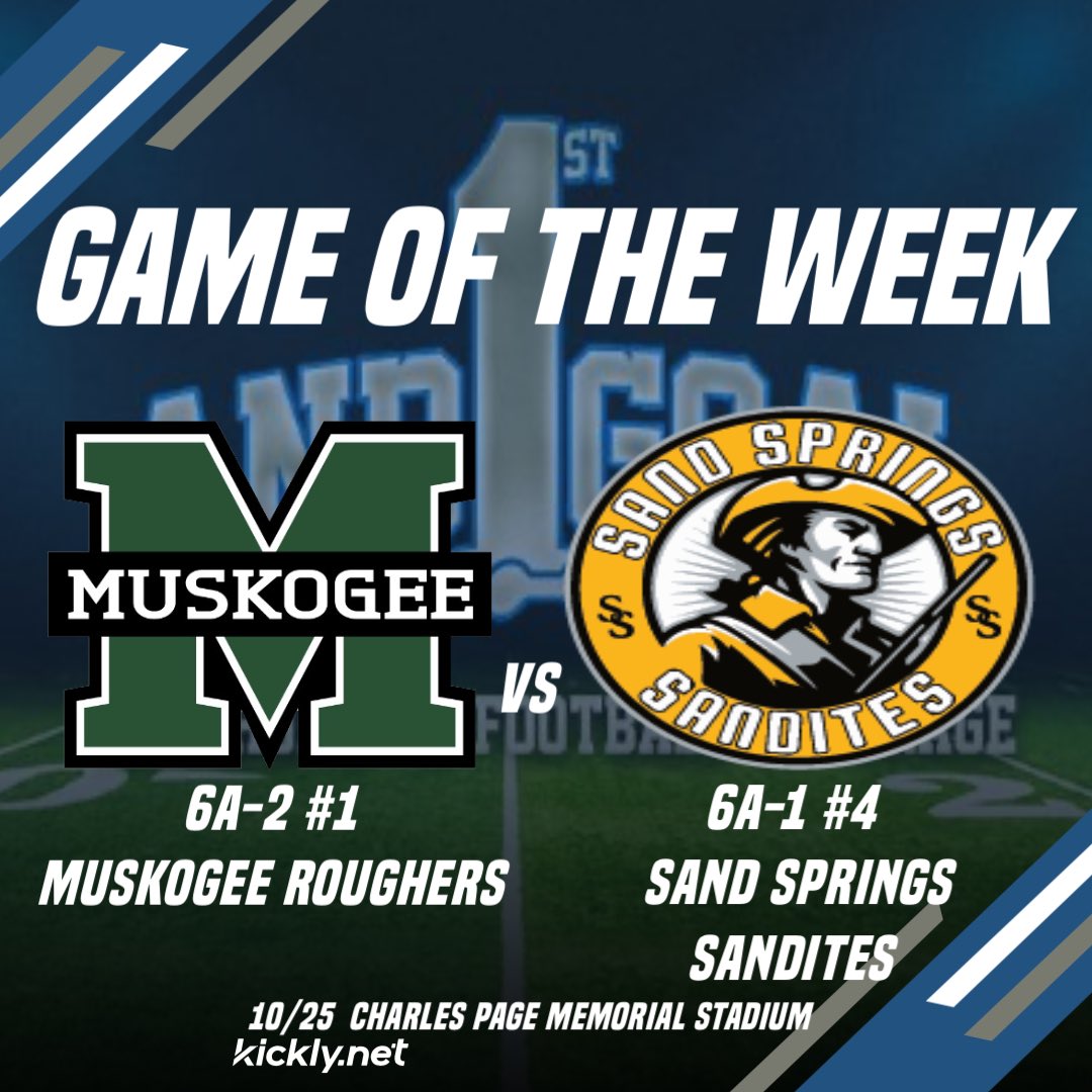 1stGoalOKHSFB's tweet photo. Week 8 Games of the Week!

Last Matchup- Muskogee 51 Sand Springs 13 (2023)

Series History- 25-8 Muskogee

Players to Watch
Muskogee- PJ Wallace RB
(@PjWallace1)

Sand Springs- Dominic Forbes WR
(@Dominic_forbes_)

#okpreps https://t.co/HyM31kGVum