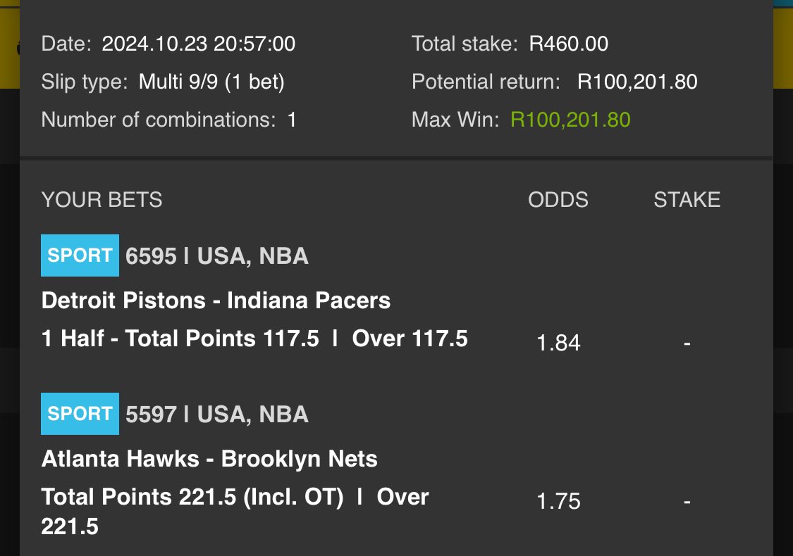 You should retweet &amp; like this now and comment with your bet🔥

217 odds will win R100k boom 💥 🤯 

I placed it, place it too here⬇️
easybet.co.za/share-a-bet/43…

Or use code⬇️
430743

Use Promo Code PK50 to sign up on <a href="/Easybet_SA/">Easybet South Africa</a> you will receive welcome bonus of R50 here⬇️