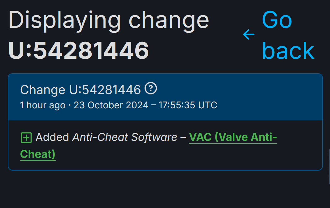 gabefollower's tweet photo. "VAC (Valve Anti-Cheat)" was added back to Counter-Strike 2 according to SteamDB website. https://t.co/IP3qIcJZEj