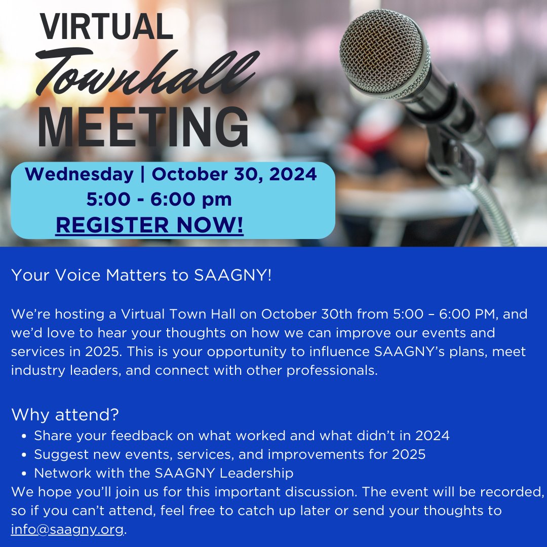 SAAGNY (@saagny1) on Twitter photo We hope you’ll join us for this important discussion. The event will be recorded, so if you can’t attend, feel free to catch up later or send your thoughts to info@saagny.org.
Click the link to register ow.ly/AHCk50TRYyA We hope you’ll join us for this important discussion. The event will be recorded, so if you can’t attend, feel free to catch up later or send your thoughts to info@saagny.org.
Click the link to register ow.ly/AHCk50TRYyA
