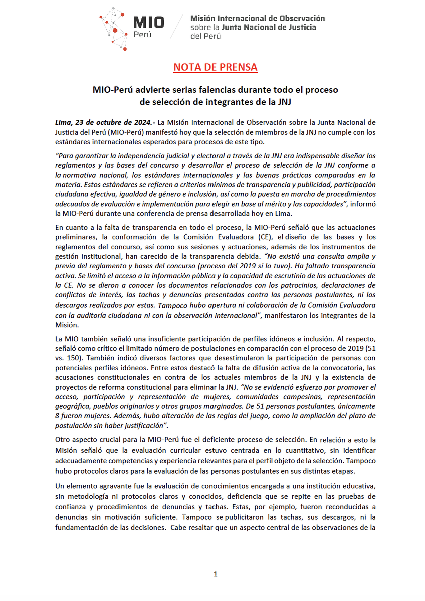 Ojo_Publico's tweet photo. 📍#LoÚltimo La Misión Internacional de Observación sobre la JNJ (@mioperu_jnj) sostiene que el concurso público para elegir a los nuevos magistrados de esta entidad “no cumple con los estándares internacionales esperados” para este proceso.🧵
✍️@periodeplazas https://t.co/VVAY5viO8A