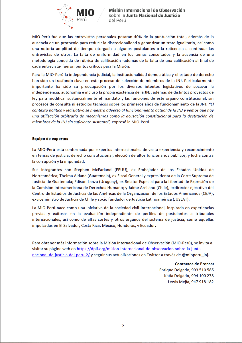 Ojo_Publico's tweet photo. 📍#LoÚltimo La Misión Internacional de Observación sobre la JNJ (@mioperu_jnj) sostiene que el concurso público para elegir a los nuevos magistrados de esta entidad “no cumple con los estándares internacionales esperados” para este proceso.🧵
✍️@periodeplazas https://t.co/VVAY5viO8A