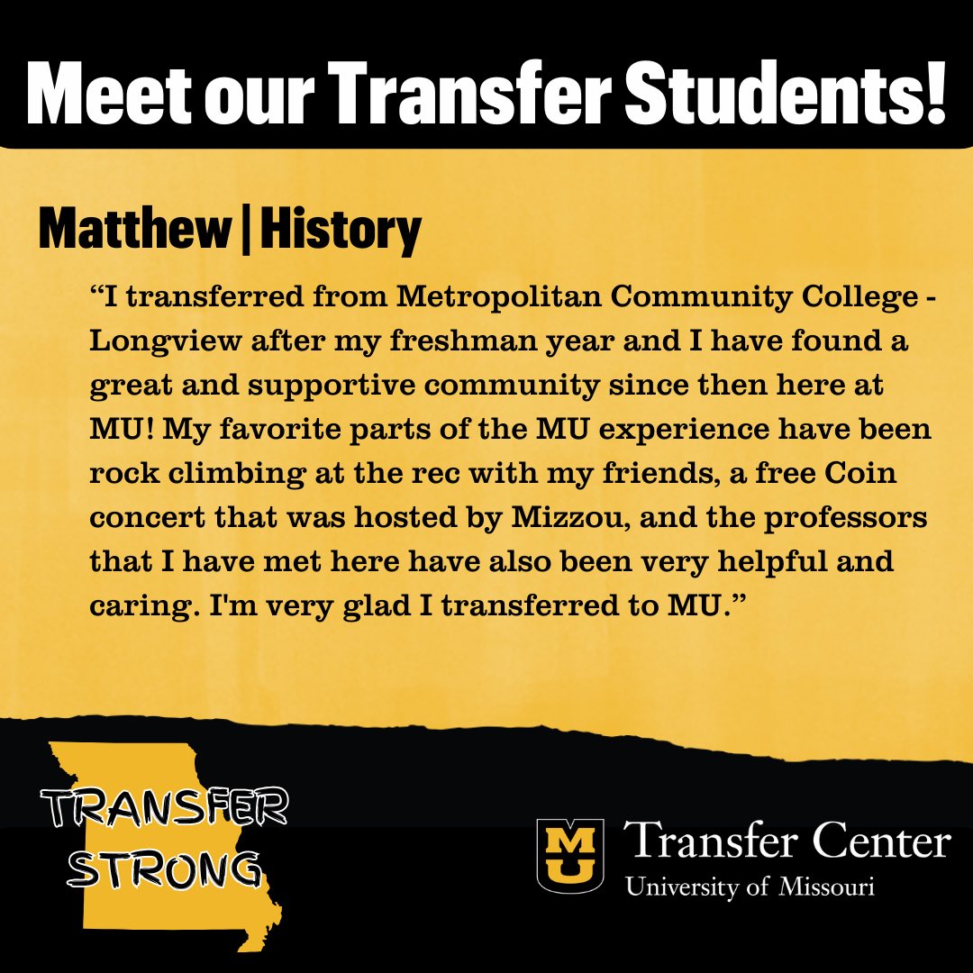 MUTransferCTR's tweet image. Thank you to everyone who has been celebrating National Transfer Student Week with us! Here is another one of our amazing students #transferstrong #mizzou