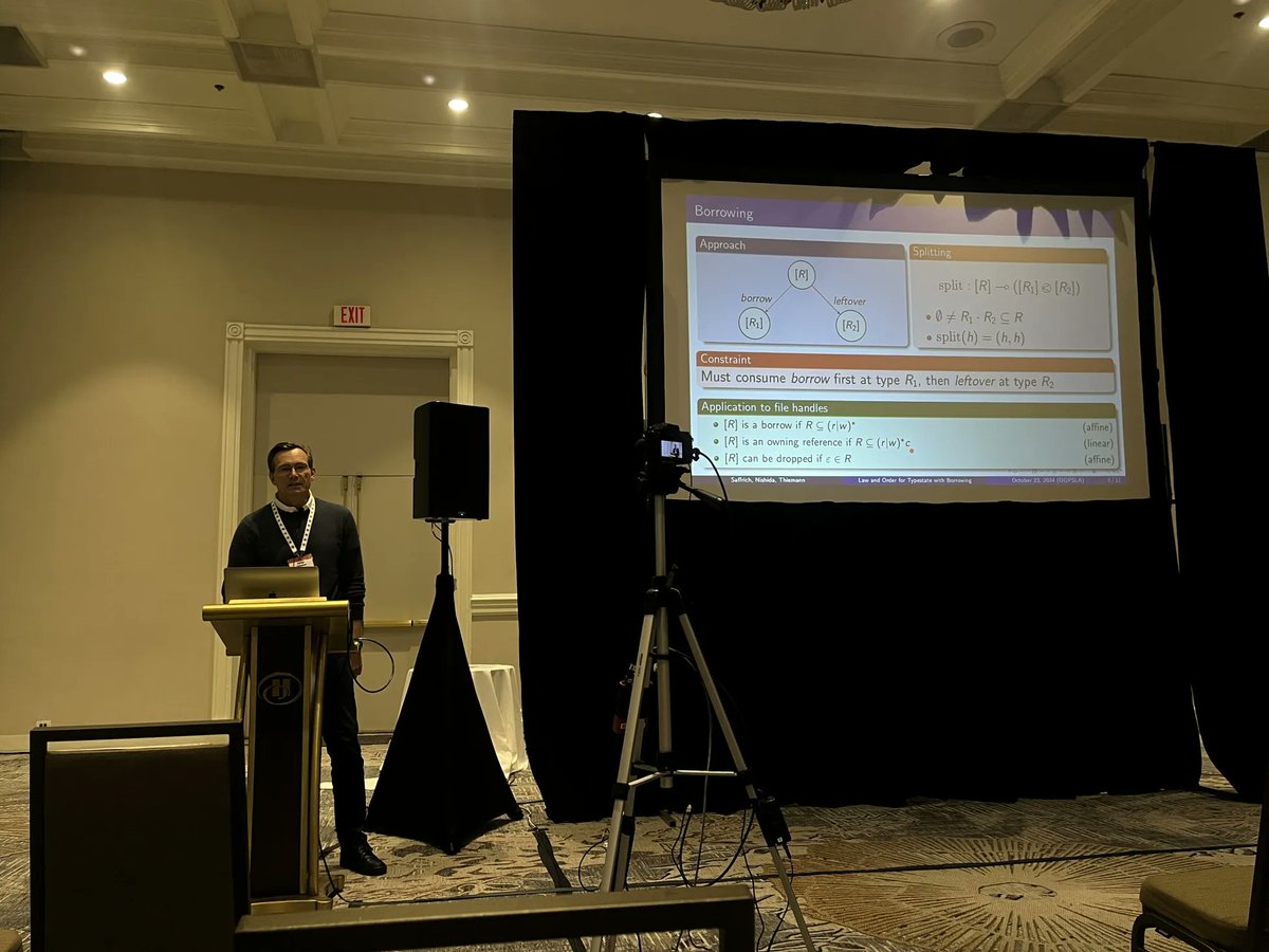splashcon's tweet photo. At #OOPSLA now: Peter Thiemann presenting Law and Order for Typestate with Borrowing at OOPSLA https://t.co/H2fptg1DPa