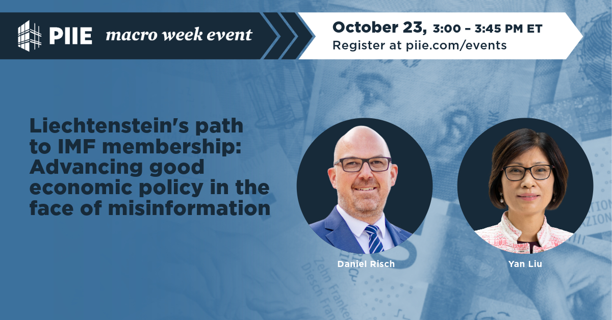 PIIE's tweet image. NOW: @DrDanielRisch, Prime Minister of Liechtenstein, &amp;amp; Yan Liu, General Counsel @IMFNews, join us for #MacroWeek2024 for a discussion on Liechtenstein&apos;s recent joining of the IMF &amp;amp; economic policy in an environment of misinformation.
Watch live: piie.com/events/2024/ma…