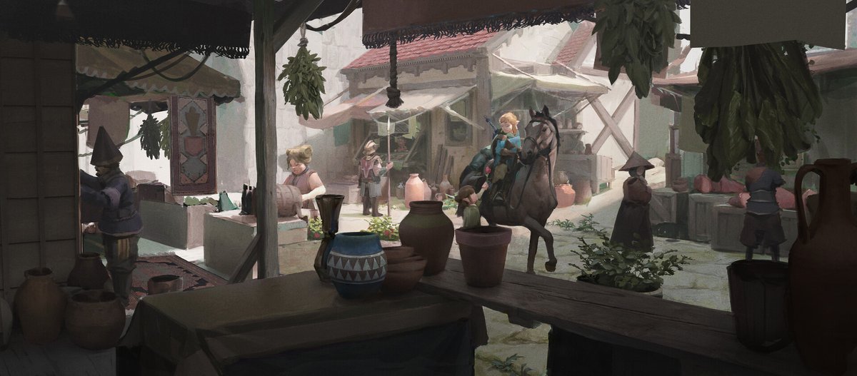 “As the Hylian Champion passes through the shops by Hyrule Castle, some pedestrians offer their greetings on his triumphant return.”

A Champion’s Welcome, personal work by our Artist Nacho Rodriguez

#zelda #zeldafanart #breathofthewild #tearsofthekingdom #digitalart #fantasy