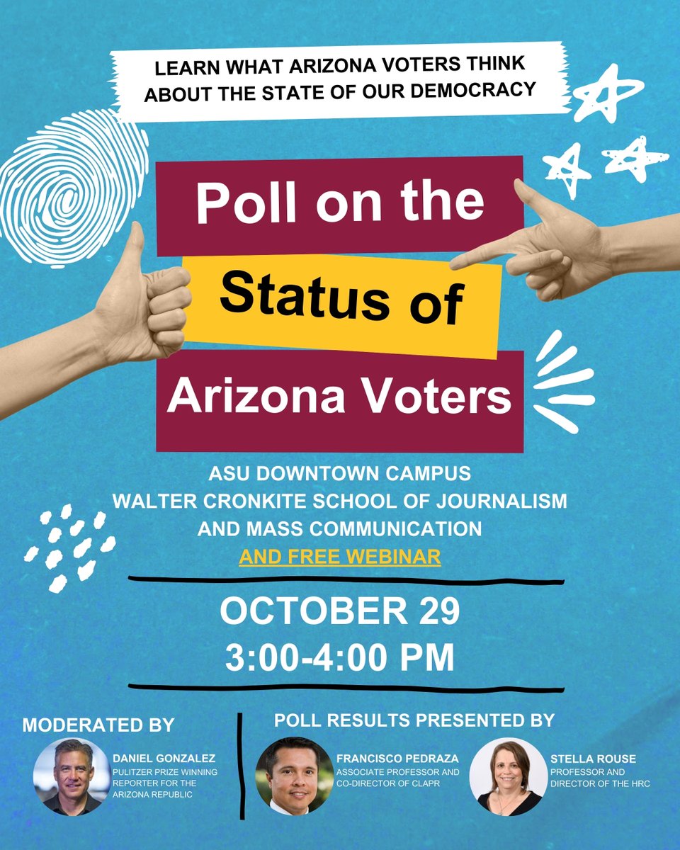 HRC_ASU's tweet photo. Join @CLAPR &amp; HRC for a special in-person or free Zoom webinar on political attitudes, policy preferences, &amp; candidate support among AZ's Hispanic &amp; non-Hispanic voters. More info in our bio!🔗

#ASU #ASUCLAPR #HRC #AZVoters https://t.co/gVLevSJnQD