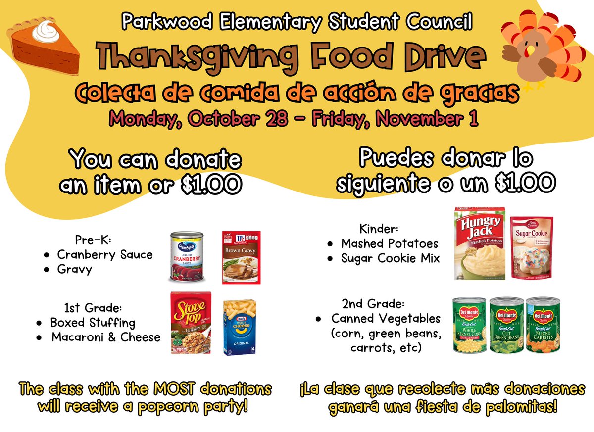 DPISD_PWE's tweet photo. Next week, Parkwood Elementary Student Council will host their Thanksgiving Food Drive. Look over the image to see what each grade level can donate. https://t.co/sreb1Usc9b