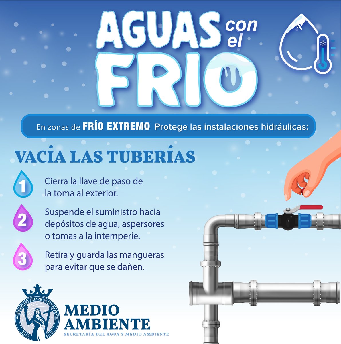 ¡Vacía las tuberías para protegerlas del frío!️️ 🥶💧 En zonas de frío extremo, estos tres simples pasos bastarán para evitar daños.