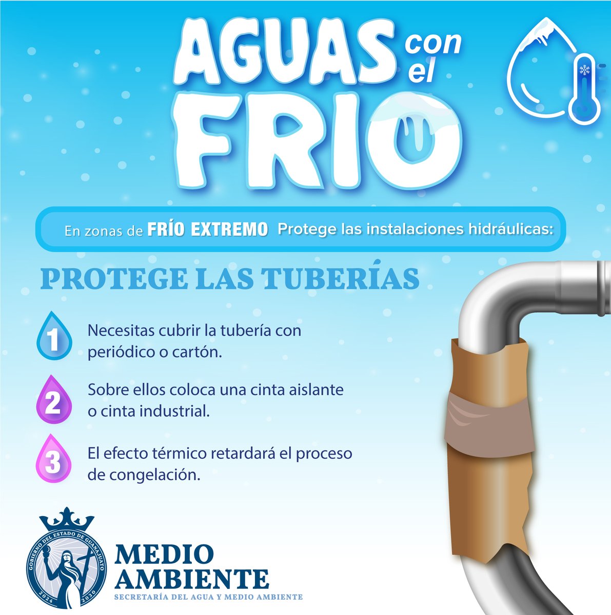 ¡Protege las tuberías del frío!☝❄️️ En zonas de frío extremo, cubre las tuberías con periódico o cartón para evitar, o retardar, un proceso de congelación.
