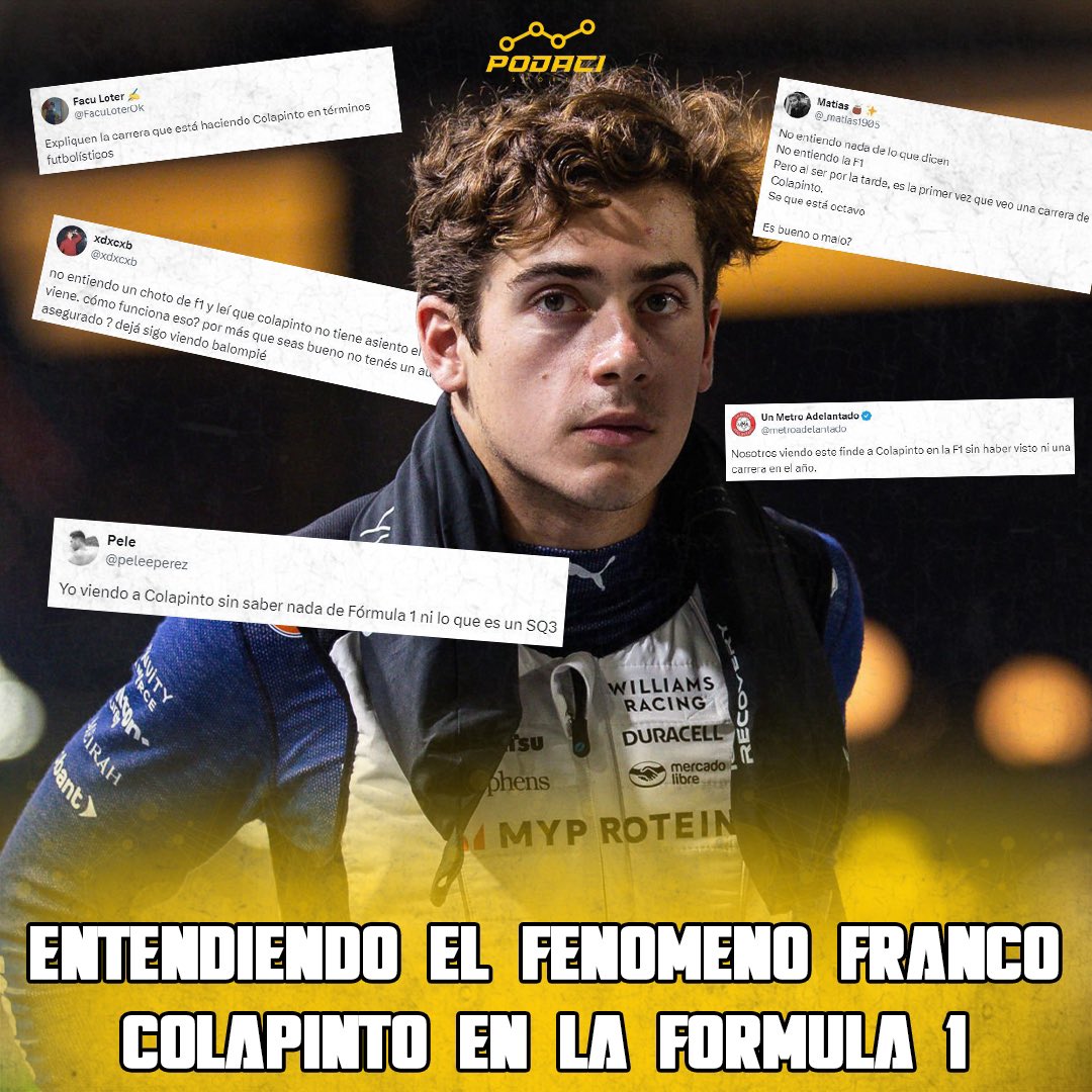 PodaciSports_F1's tweet photo. [HILO] 🧶🏁 ¿POR QUÉ ES UNA HAZAÑA QUE COLAPINTO SUME PUNTOS CON WILLIAMS? 🇦🇷

La F1 no es como el fútbol ❌

Sí, hay un solo campeón, pero acá existen argumentos para celebrar que un piloto llegue en el Top 10.

A continuación, una explicación para tomar dimensión. Dentro hilo👇🏼 https://t.co/sMUBNN3Xya