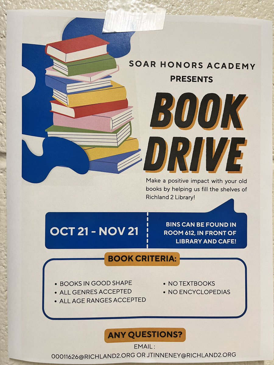 WHS_SOAR's tweet photo. Help us help the Richland County Library by donating new or “like new” books at WHS. @RichlandTwo @MrsTNicholson @WHS_Redhawks https://t.co/5r6ewOcO9I