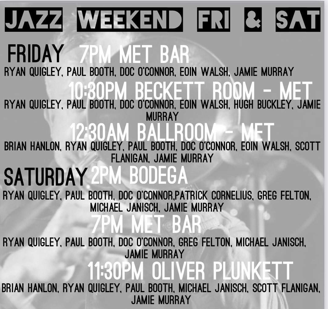 Paul Dunlea (@pauldunlea) on Twitter photo Some gigs for <a href="/corkjazzfest/">Guinness Cork Jazz</a> next weekend! Iโve got some absolute monsters in the band. Hereโs what we are at Fri & Sat. <a href="/MetropoleCork/">The Metropole Hotel Cork</a> <a href="/BodegaCork/">Old Town Whiskey Bar</a> <a href="/TheOliverPlunk/">The Oliver Plunkett</a> <a href="/whazoncork/">whaZonCork</a> <a href="/corkbeo/">Cork Beo</a> Some gigs for <a href="/corkjazzfest/">Guinness Cork Jazz</a> next weekend! Iโve got some absolute monsters in the band. Hereโs what we are at Fri & Sat. <a href="/MetropoleCork/">The Metropole Hotel Cork</a> <a href="/BodegaCork/">Old Town Whiskey Bar</a> <a href="/TheOliverPlunk/">The Oliver Plunkett</a> <a href="/whazoncork/">whaZonCork</a> <a href="/corkbeo/">Cork Beo</a>