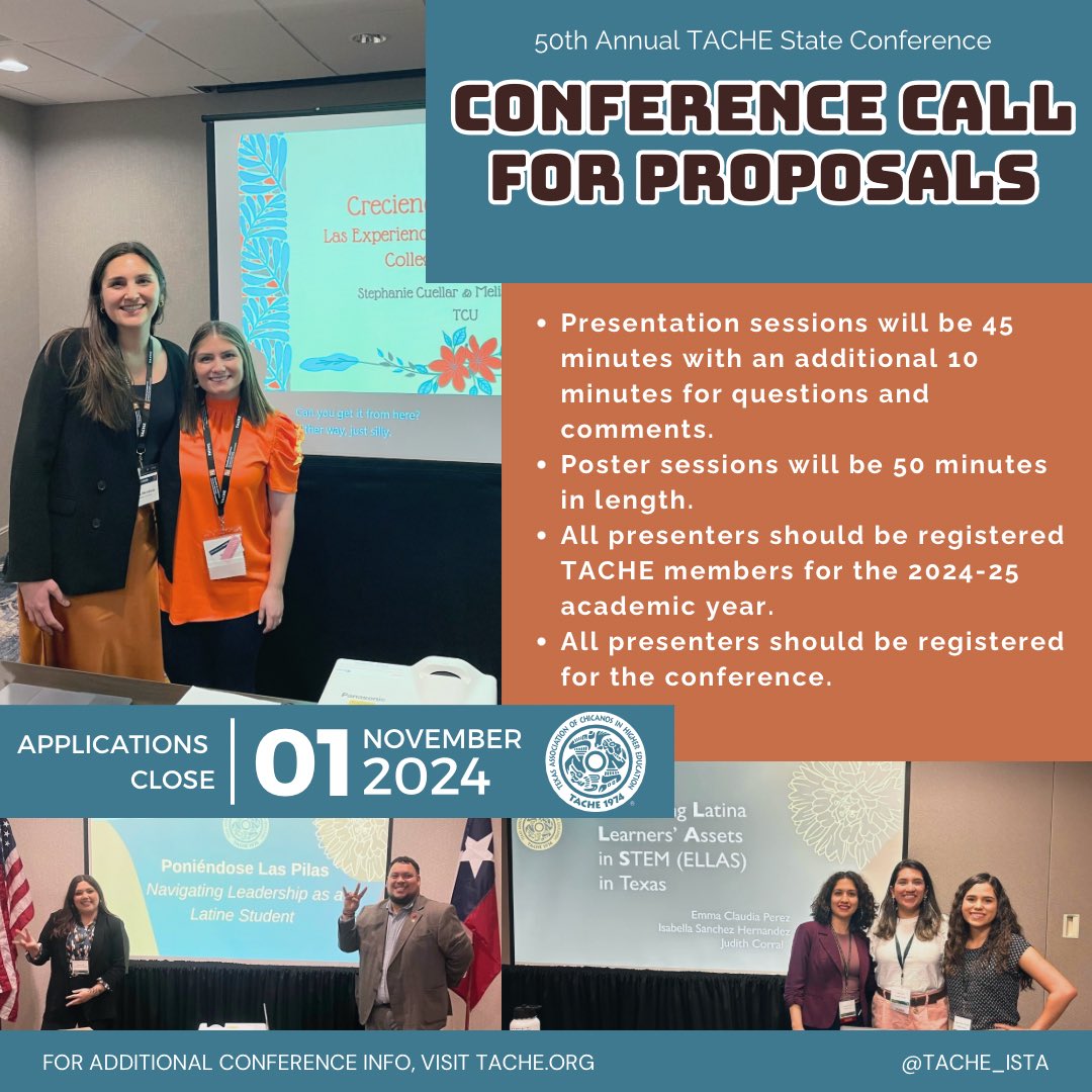 🌟Call for Proposals!🌟 
 
The call for proposals for the 2025 TACHE State Conference is closing in a little over ONE WEEK! 
 
#TACHE2025 #AquiEstamosYNoNosVamos #CallForProposals #ShareYourKnowledge #Innovate #Educate