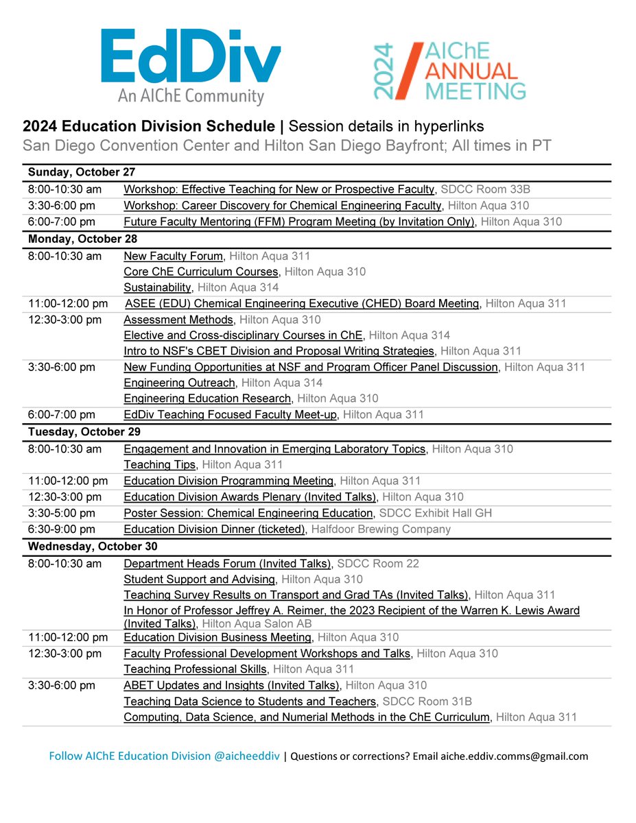 The countdown begins to #AIChE2024! Have you added any Education Division talks to your conference plan? Check out our schedule! drive.google.com/file/d/1kC1TRZ…