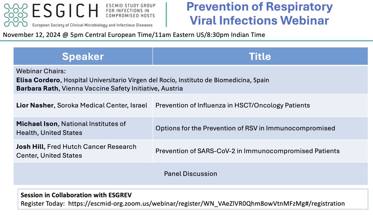 Michael Ison, MD MS (@michaelgisonmd) on Twitter photo Want to learn the current state of the art for prevention of RVI in immunocompromised patients?
Join us for the next <a href="/ESCMID/">ESCMID</a> ESGICH/<a href="/esgrev_escmid/">ESGREV</a> webinar on the prevention of RVI.
Chaired by Elisa Cordero, Barbara Rath
Talks by <a href="/nesherl/">Lior Nesher</a> <a href="/MichaelGIsonMD/">Michael Ison, MD MS</a> @<a href="/JoshuaHillMD/">Joshua Hill, MD</a> Want to learn the current state of the art for prevention of RVI in immunocompromised patients?
Join us for the next <a href="/ESCMID/">ESCMID</a> ESGICH/<a href="/esgrev_escmid/">ESGREV</a> webinar on the prevention of RVI.
Chaired by Elisa Cordero, Barbara Rath
Talks by <a href="/nesherl/">Lior Nesher</a> <a href="/MichaelGIsonMD/">Michael Ison, MD MS</a> @<a href="/JoshuaHillMD/">Joshua Hill, MD</a>