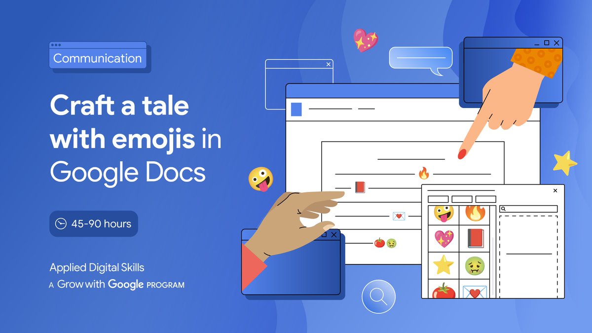 GoogleForEdu's tweet photo. Turn words into a masterpiece with emojis. To develop 📚and 📝 skills, this #AppliedDigitalSkills lesson allows students to create a story with emojis that represent certain words or phrases. Start storytelling → https://t.co/LUw6qYVhLa https://t.co/frIHEghhVK