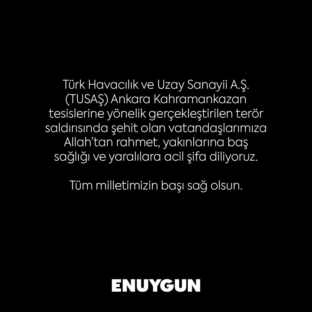 Türk Havacılık ve Uzay Sanayii A.Ş. (TUSAŞ) Ankara Kahramankazan tesislerine yönelik gerçekleştirilen terör saldırısında şehit olan vatandaşlarımıza Allah’tan rahmet, yakınlarına baş sağlığı ve yaralılara acil şifa diliyoruz. 

Tüm milletimizin başı sağ olsun.
