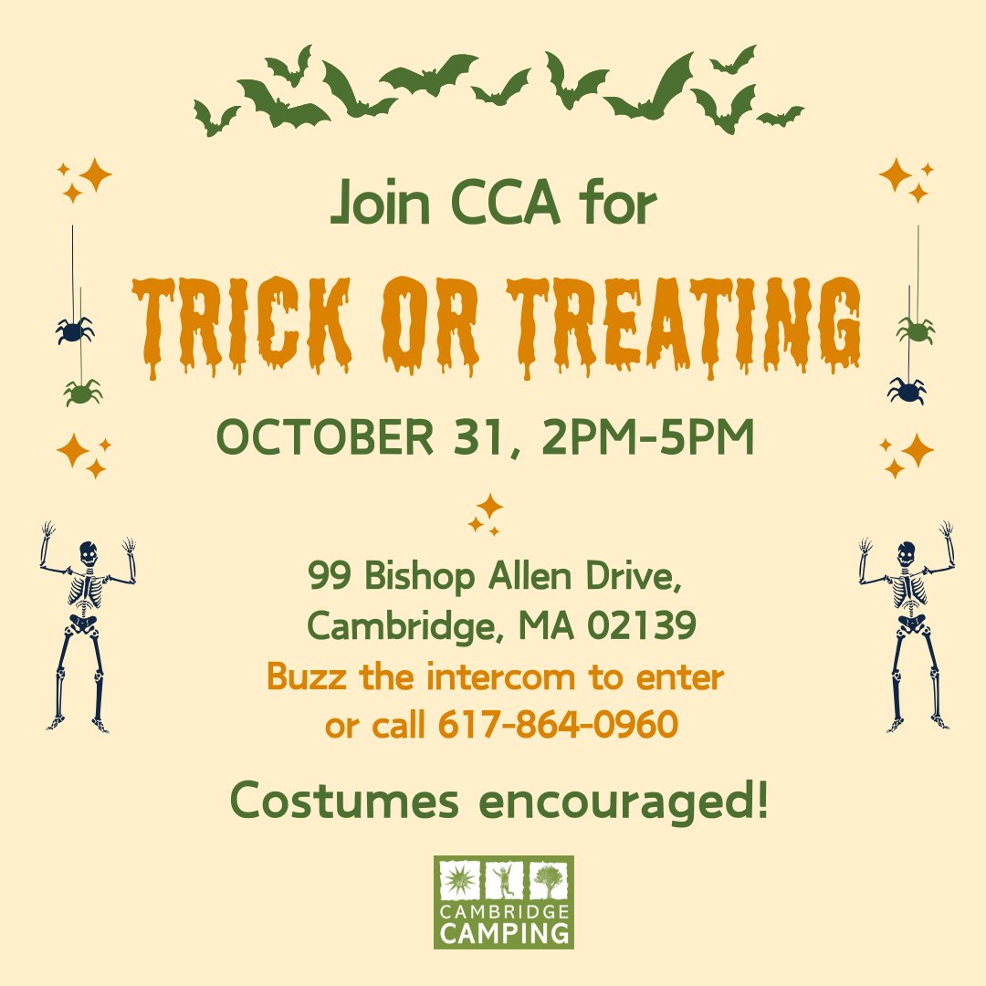 cambcamping's tweet photo. Join Cambridge Camping for trick or treating!

When: 2:00 PM – 5:00 PM, Oct 31
Where: 99 Bishop Allen Drive, Cambridge, Ma 02139 in the first floor conference room
What: Trick-or-treating, candy, and a few Halloween-themed activities!

Swing by in costumes or come as you are! https://t.co/lBVWwogI67