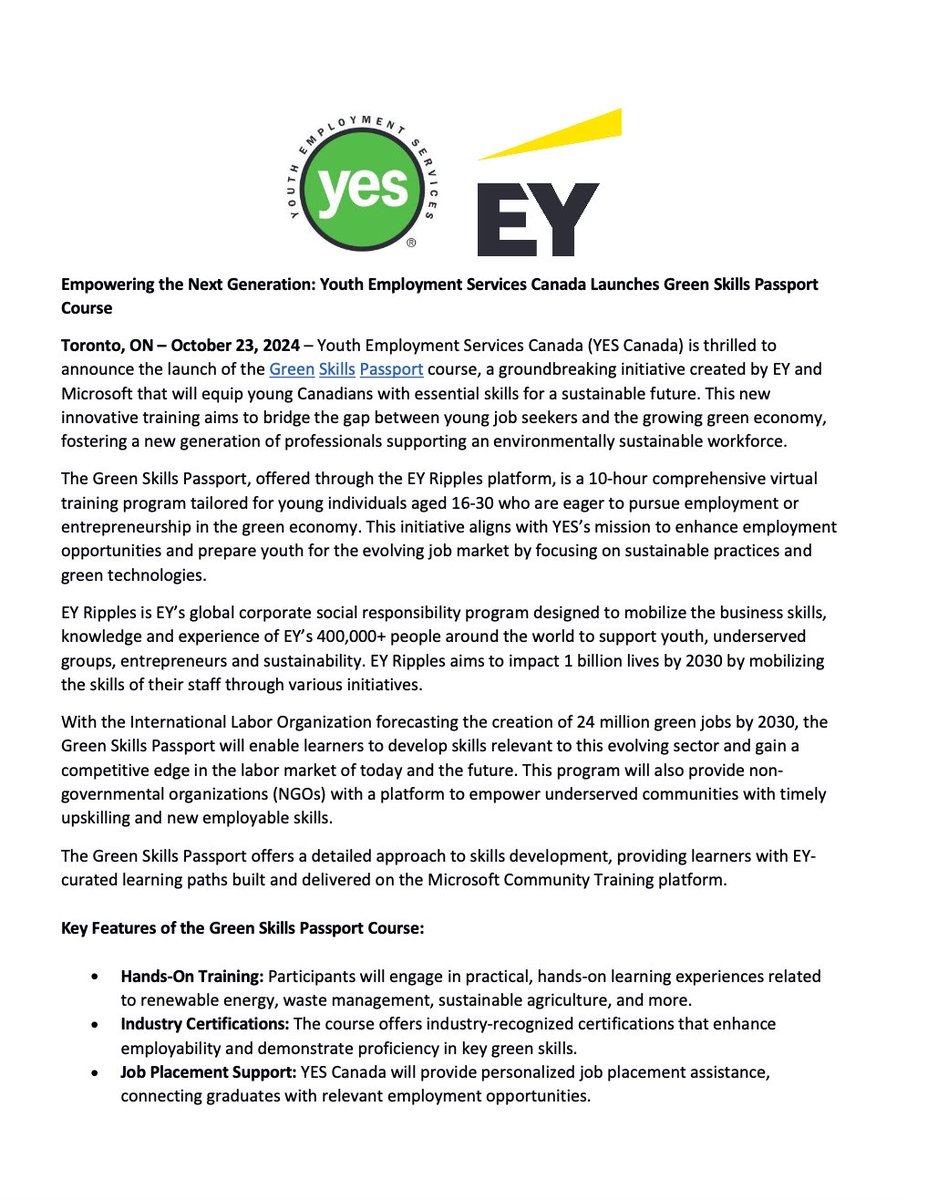 yestoronto's tweet photo. Youth Employment Services Canada (YES Canada) is thrilled to announce the launch of the Green Skills Passport course, a groundbreaking initiative created by @EYnews and @microsoft that will equip young Canadians with essential skills for a sustainable future. #YouthEmployment https://t.co/dEdVybO5ol