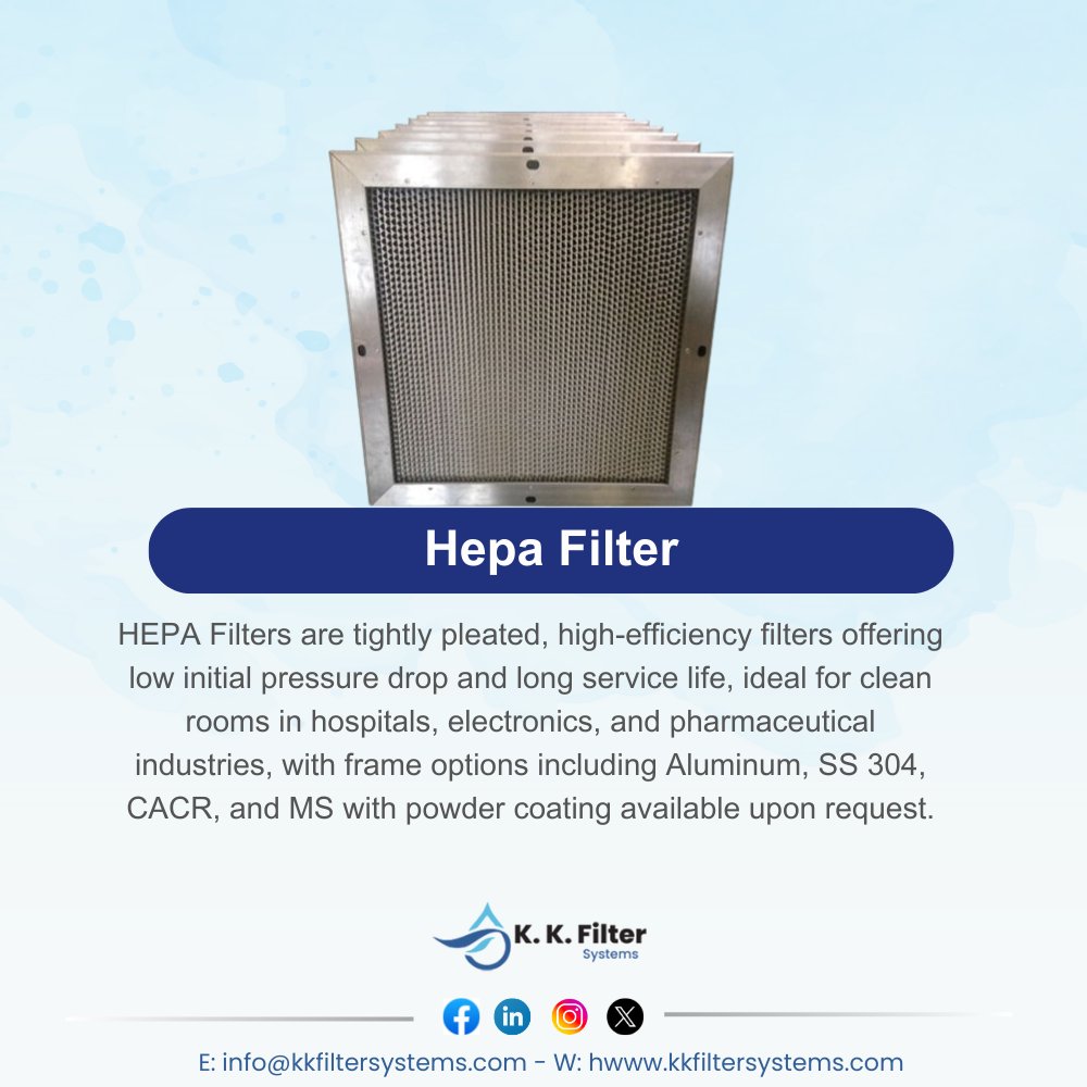 KKFilterSystems's tweet image. Designed for hospitals, electronics, and pharmaceutical industries, they offer low pressure drop, long service life, and are available with frames in Aluminum, SS 304, CACR, and MS (powder-coated on request).

 #HEPA #CleanRoom #Filtration #HighEfficiency #AirQuality