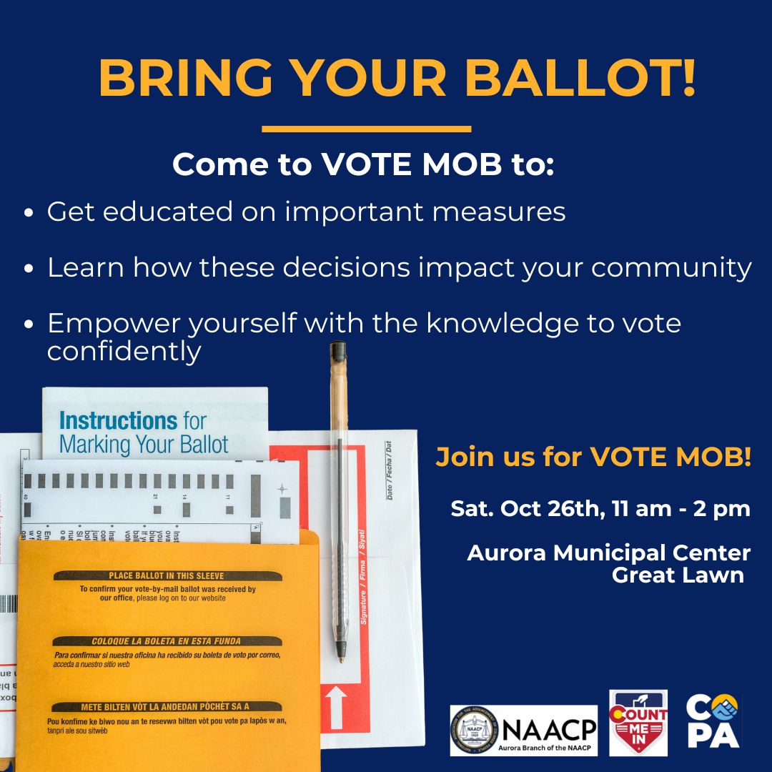 COPApower's tweet photo. 🗳️ Overwhelmed by your ballot? No worries! Bring it to VOTE MOB for a fun, informative event. Get educated on ballot measures, enjoy free food, and celebrate community power! 
📅 Sat, 10/26 11am-2pm
📍 Aurora Municipal Center

#VOTEMOB #BallotEducation #VoterPower #Community https://t.co/IFPwXVX7pV