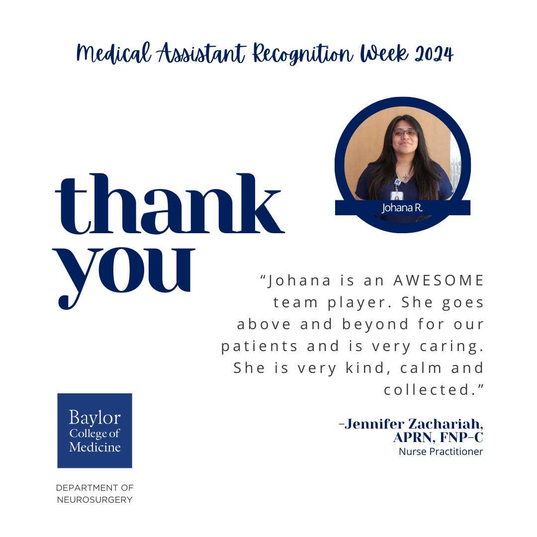 BCMNeurosurgery's tweet photo. 𝑨 𝒗𝒊𝒕𝒂𝒍 𝒑𝒂𝒓𝒕 𝒐𝒇 𝒕𝒉𝒆 𝒕𝒆𝒂𝒎.
Day ✌️ of our #MARWeek appreciation posts is here. Check out the great things our #BCMNeurosurgery and #BCMSpineCenter team members have to say about our #MedicalAssistants ⤵️ https://t.co/xCRJzDQNXG