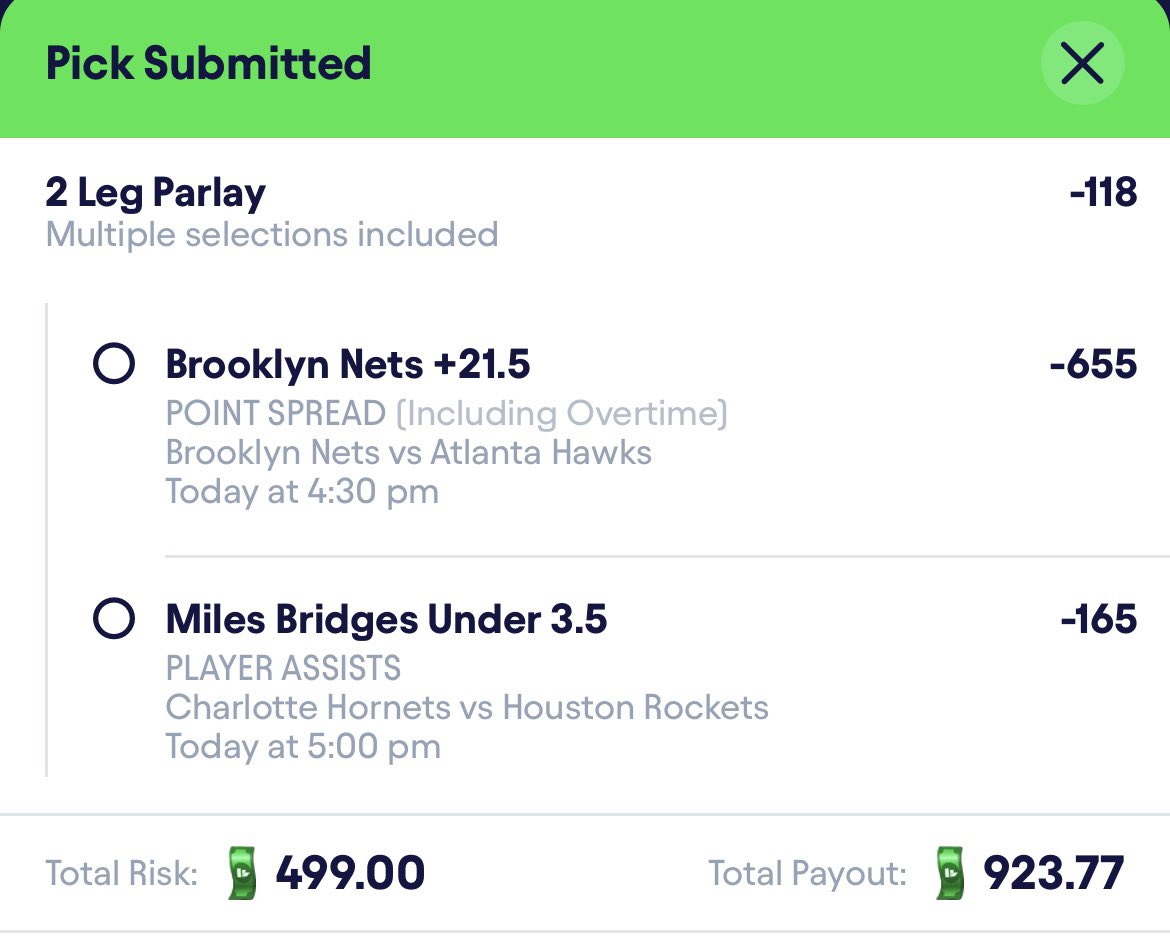 BlitzBetzEV's tweet image. +EV NBA Fliff Parlay Anyone? 🏀

1) Brooklyn Nets +21.5 (-655) 💎

2) Miles Bridges u 3.5 assists (-165) 💎

Total payout is -118 = 5.4% EV to Fanduel🎯

DM me “🏀” for 30% off access to VIP which includes bots for every book 🤖

👉 whop.com/blitz-betz 👈

#fliff #prizepicks