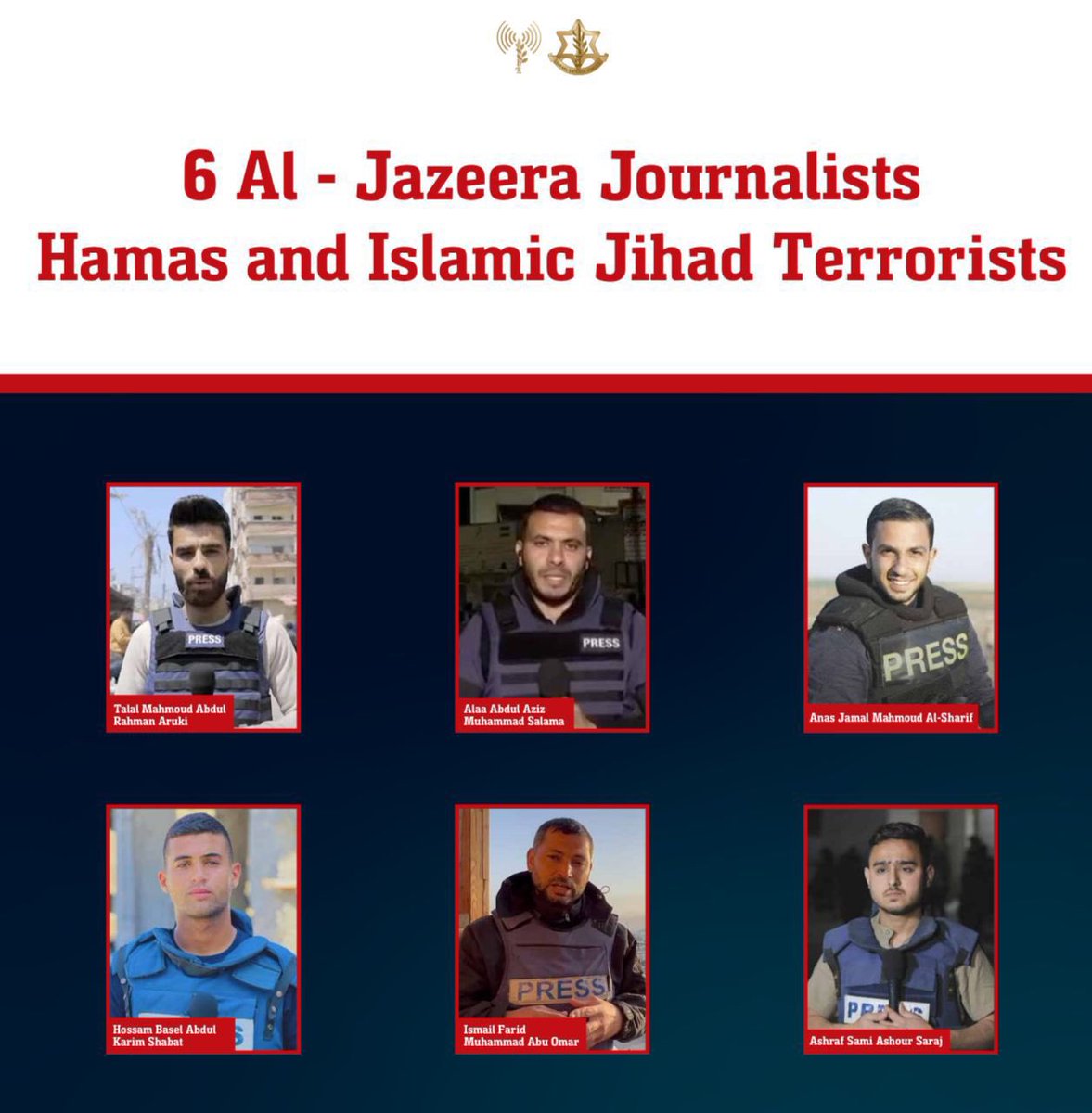 AafiyahJ's tweet photo. In order to silence the voice in the northern Gaza Strip and justify killing, assassination and targeting.

The Israeli occupation army published photos of six journalists, including Anas Al-Sharif and Hussam Shabat, claiming that they are fighters in the Palestinian resistance.

This publication aims to prepare and promote their assassination.