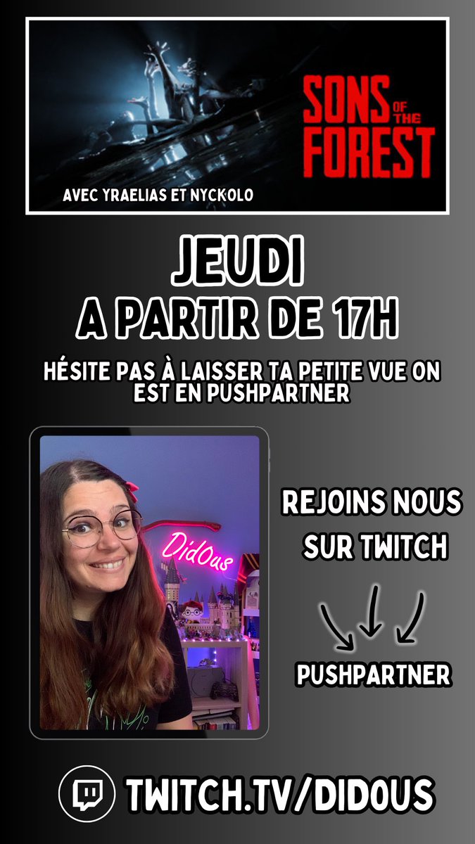 Did0us's tweet image. hello les p’tits fous 🤪 

On se retrouve dès demain jeudi à 17h pour SONS OF THE FOREST 

Merci pour votre soutien incroyable ! 

Soyez présent car ça promet de belles crises de rire 🤭 

Pleins de bisous et prenez soin de vous 🩷

➡️ twitch.tv/did0us

#TwitchStreamers
