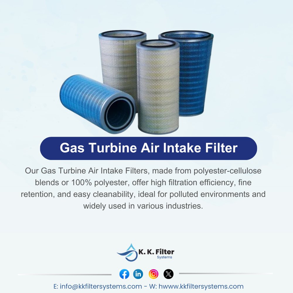 KKFilterSystems's tweet image. Made from polyester-cellulose blends or 100% polyester, they deliver high filtration efficiency, fine particle retention, and easy cleanability, making them perfect for polluted environments across various industries. kkfiltersystems.com/Gas-Turbine-Ai…