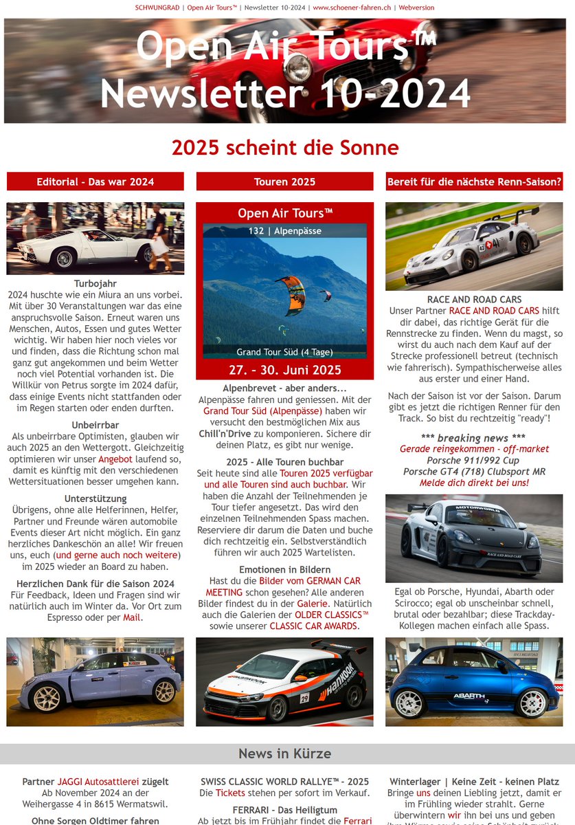 NEWSLETTER 10-2024 | 2025 scheint die Sonne | Mehr auf archive.newsletter2go.com/?n2g=wq37oyc7-… | #schoenerfahren #openairtours #openairlifestyle #nuk #olderclassics #detailing #fahrzeugaufbereitung #sportwagen #cabriolet #youngtimer #oldtimer