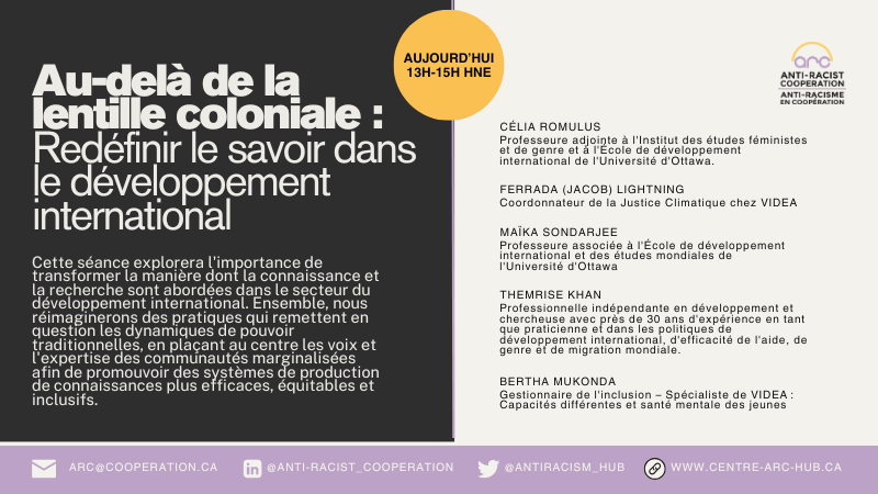 Participez à notre session AJOURD'HUI à 13h (HE), qui explorera comment les cadres féministes intersectionnels et décoloniaux peuvent transformer l'approche des connaissances et de la recherche dans le secteur avec des expert-e-s renommé-e-s!

Inscription: centre-arc-hub.ca/fr/event/au-de…