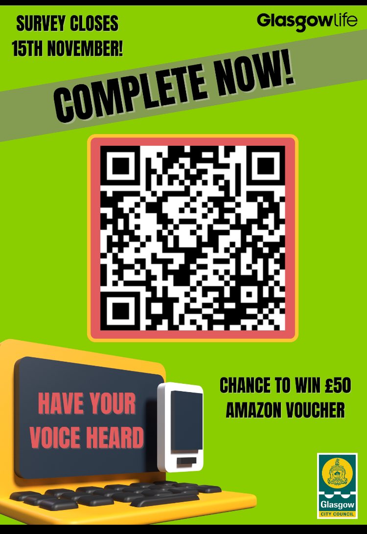 A working group I’m part of, “Reaching Young People Online” have exciting news!

Our work has consisted of exploring ways of engaging young people in Glasgow City.

We have made a survey as part of this and by completing it you have a chance of winning a £50 Amazon voucher :)