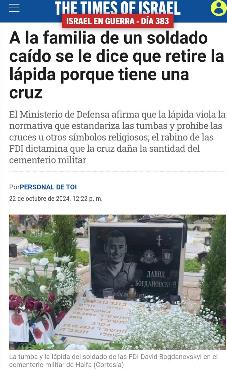 03690jul's tweet photo. Un tonto cristiano va a luchar por Israel. 
Acaba eliminado
Es enterrado en un cementerio israelí
Ponen una cruz. 
El Ejército israelí ordena que quiten la cruz o la lápida será eliminada por ofender a los sionistas

Los hay tontos y luego está este. Escupirán en su tumba https://t.co/QlNl5ZWbyK