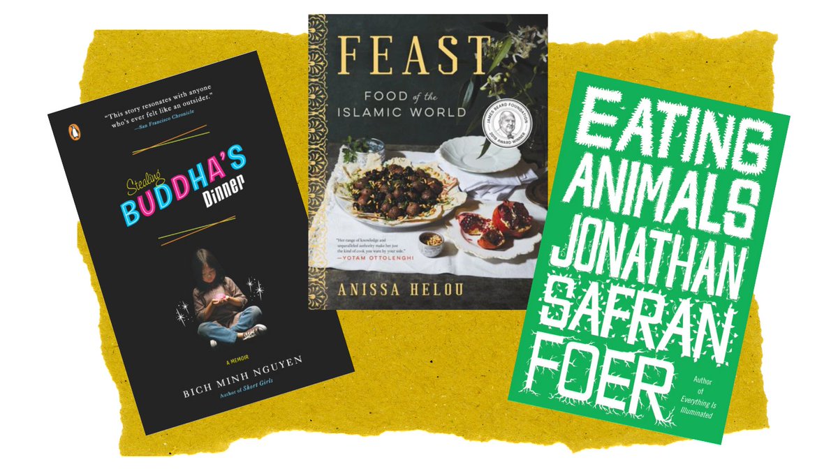 It's National Food Day! Tuck in with one of these delectable books 🍽️😋

<a href="/bethminhnguyen/">Beth Nguyen</a>'s memoir STEALING BUDDHA'S DINNER <a href="/PenguinBooks/">Penguin Books</a>

<a href="/anissahelou/">anissa helou</a>'s cookbook FEAST <a href="/eccobooks/">Ecco</a>

Jonathan Safran Foer's EATING ANIMALS, part memoir and part investigative report <a href="/backbaybooks/">Back Bay Books</a>