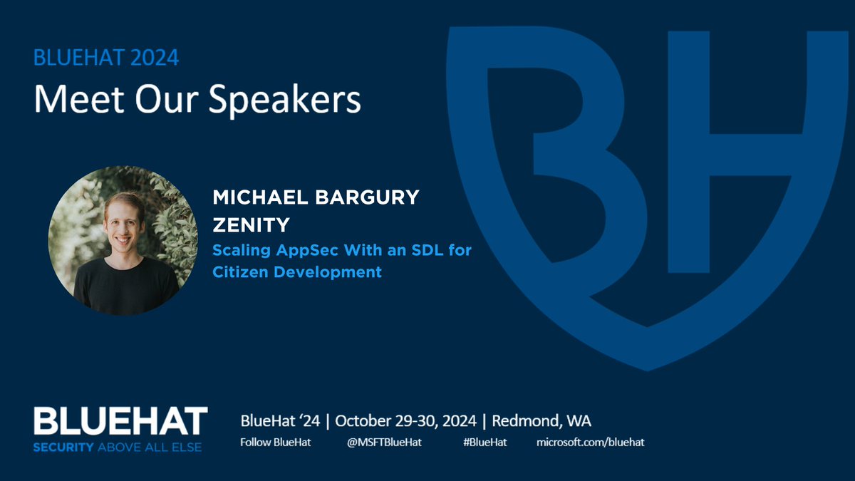 MSFTBlueHat's tweet image. 📣SPEAKER ANNOUNCEMENT📣

Our next #BlueHat speakers are Michael Bargury (@mbrg0), Co-Founder &amp;amp; CTO, Zenity and Project Leader at OWASP, and Don Willits, Senior Program Manager, Microsoft. They will be co-presenting a talk titled “Scaling AppSec with an SDL for Citizen…