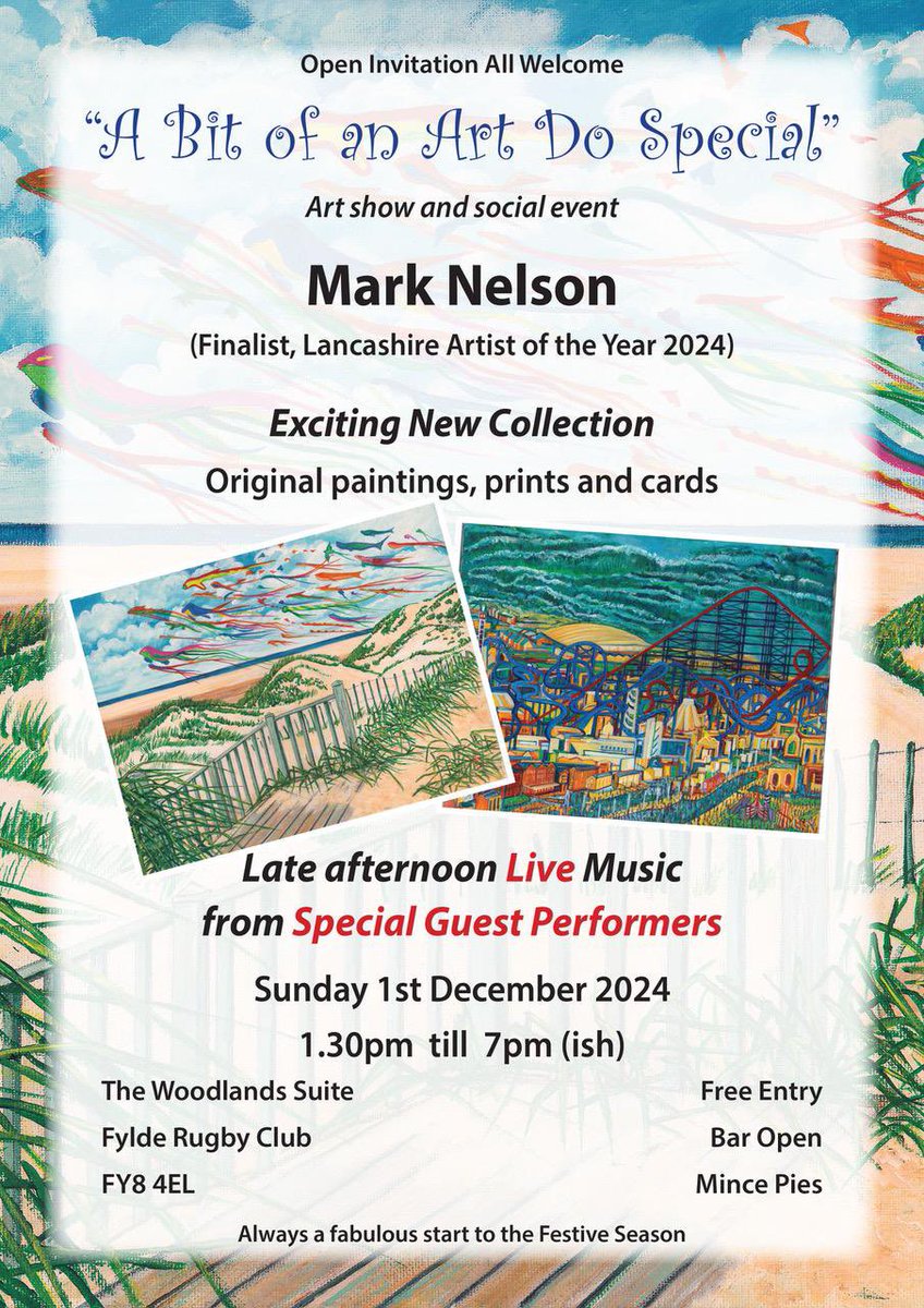 Date for your diary my annual art show , this year with extra spice “ A Bit of an Art Do Special “ , (see promo poster for details ) Fylde RUFC, Sunday 1st December, more details released over coming weeks regards performers and new Art works , always a great do