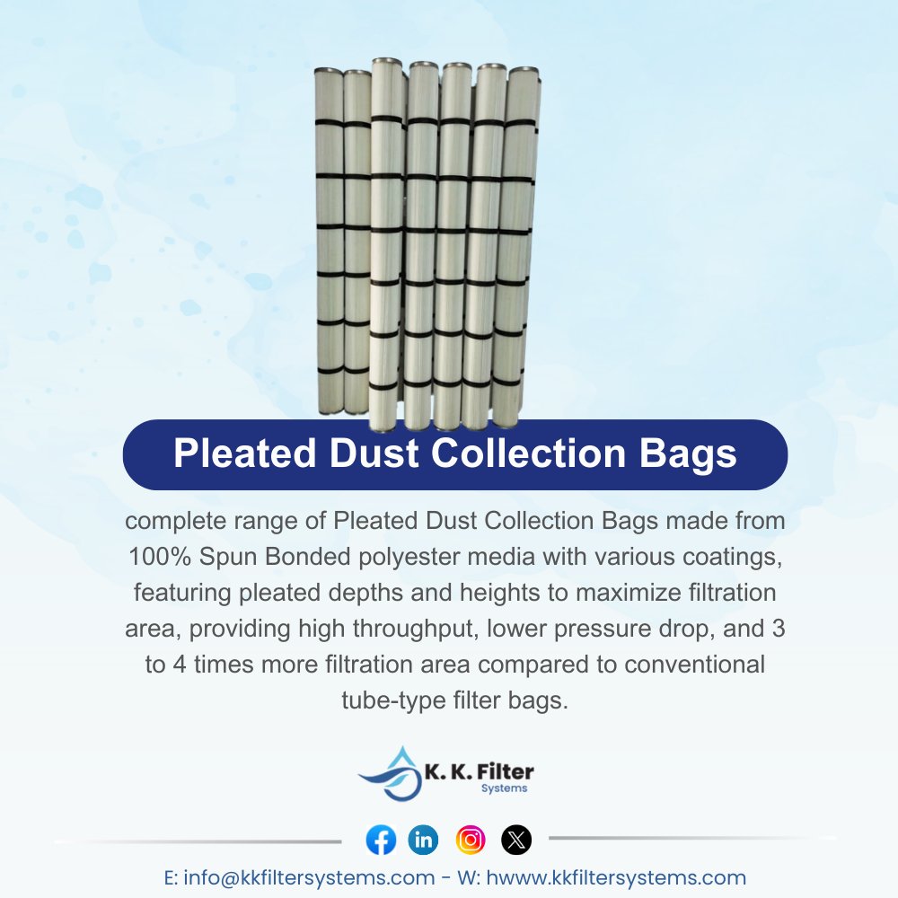 KKFilterSystems's tweet image. Discover our complete range of Pleated Dust Collection Bags! Made from 100% Spun Bonded polyester media with various coatings, these bags maximize filtration area with their pleated depths and heights, offering high throughput, ...