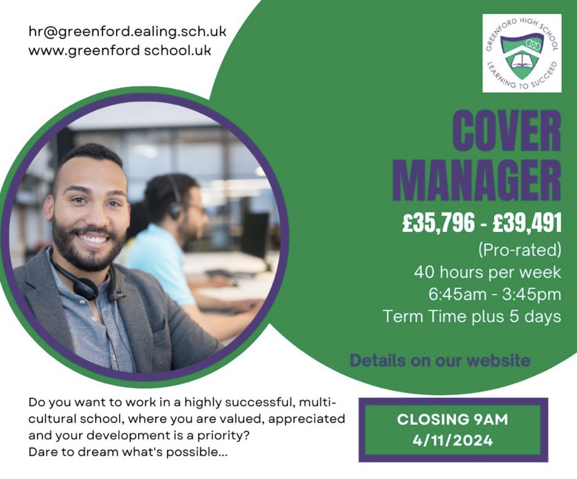#NorwoodGreen #Southall &amp; <a href="/EalingCouncil/">Ealing Council</a> residents Do you want to work <a href="/ghsofficial/">Greenford High School</a> #GreenfordHighSchool? 
They have a vacancy for a Cover Manager. More details in the link below:
tes.com/jobs/vacancy/c…
