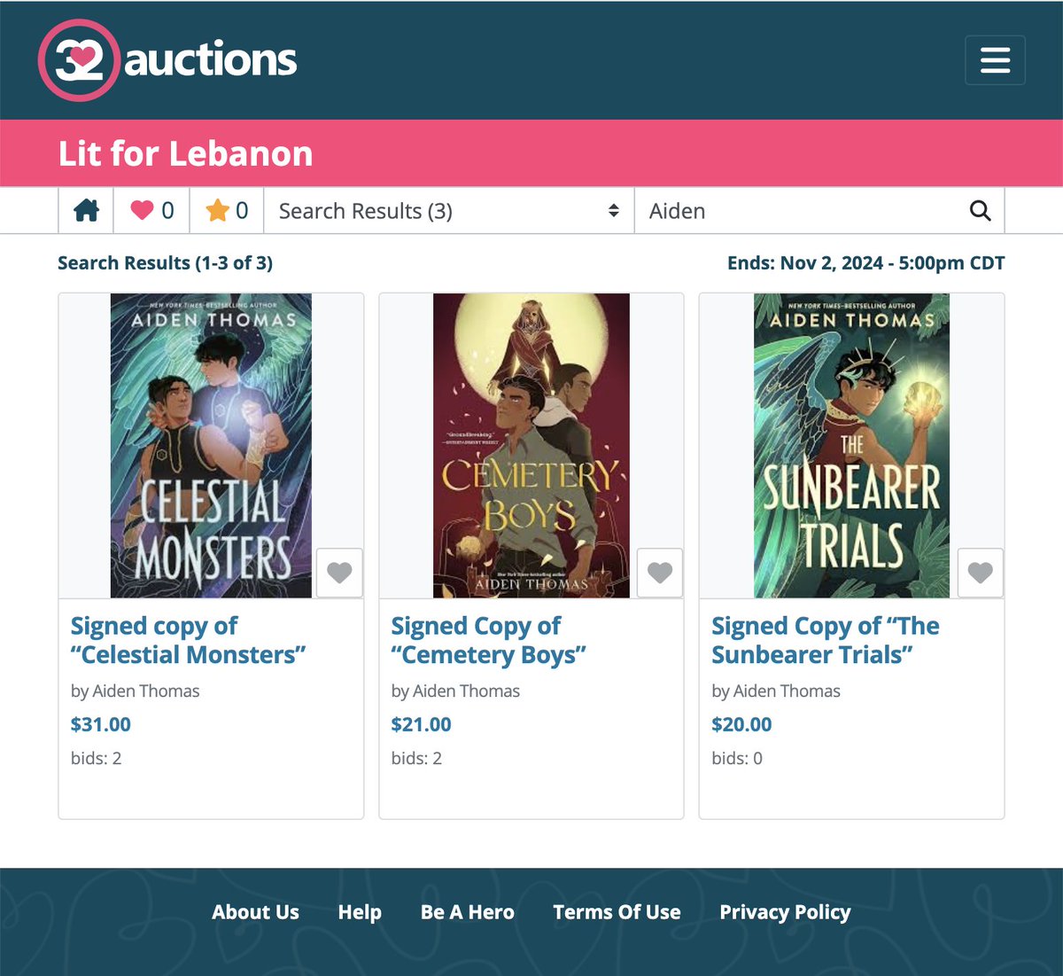 aidenschmaiden's tweet photo. FRIENDS! im participating in Lit for Lebanon and you can bid on signed and personalized copies of "Cemetery Boys," "The Sunbearer Trials," and "Celestial Monsters"!

check them out, and loads of other great items, here!
https://t.co/Vicpt771XS https://t.co/39mgQGzklg