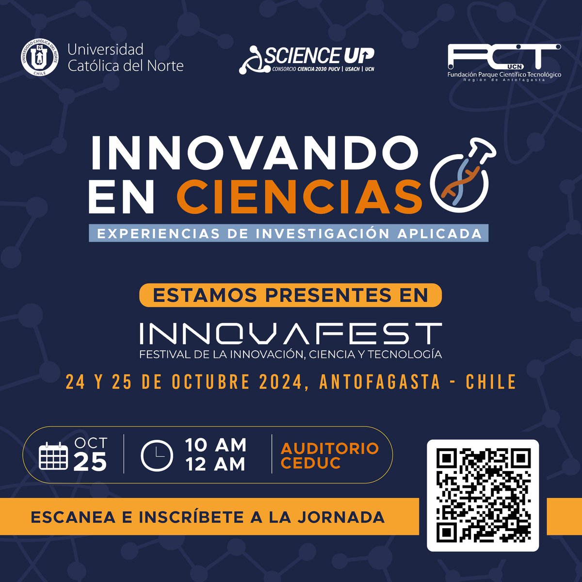 Scienceup_cl's tweet photo. Science Up UCN estará presente en el Innova Fest con la jornada "Innovando en Ciencias: Experiencias de investigación aplicada" 👏
Inscripción en el QR ↙️
#scienceup #ciencia2030 https://t.co/F1WuwVqY9t