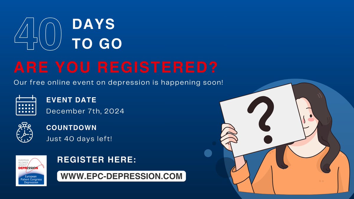 EAAD_Research's tweet photo. Only 40 days until our free online event on depression, taking place on Dec 7th. If you or someone close to you is affected by depression, or you’re just curious to learn more, this event is for you. Are you registered?
🔗 https://t.co/H1YOWT1Vgj
#DepressionAwareness #EPCD https://t.co/OHvcXLz8Ny