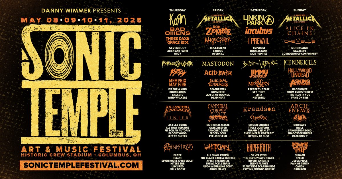 angitaylorshow's tweet photo. LINEUP ANNOUNCEMENT: @sonictemplefestival brings an iconic rock &amp; metal lineup to @crewstadium in Columbus, Ohio on May 8-11.

All 4-Day, 2-Day, and Single Day options are on sale NOW! —> https://t.co/6KYnbzmCXe https://t.co/emOiVDZuvh