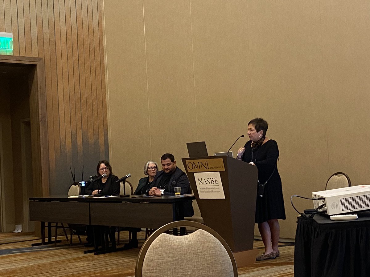 Lu Young (KY) encourages state board members in the audience to reimagine education pathways by asking, “what kind of conversations are you having to transform high schools?” #NASBE24