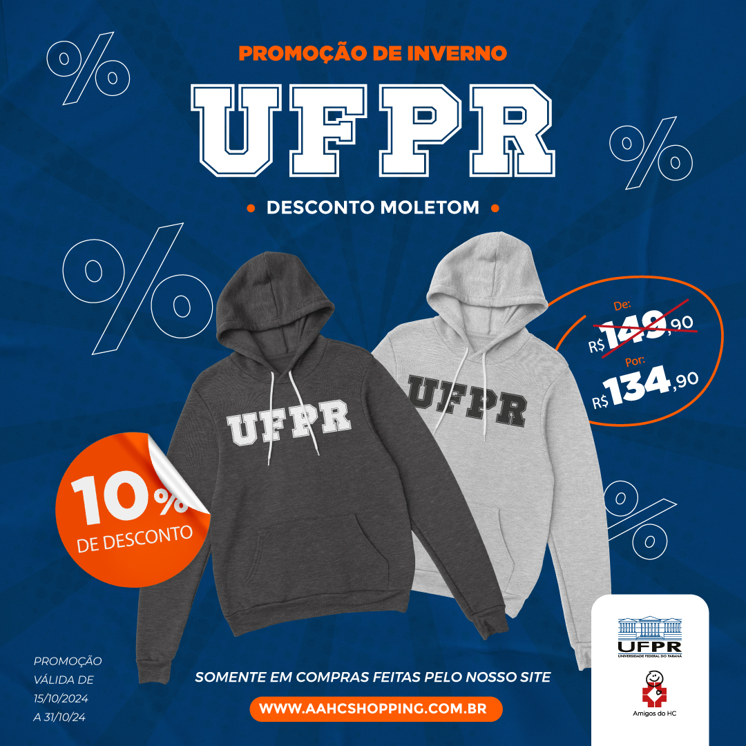 A Loja dos Amigos do HC está com uma promoção muito especial nos modelos de moletons da UFPR disponíveis.
Até 31/10, os moletons serão vendidos de R$149,90 por R$134,90.🛍️
Mas atenção! Promoção válida apenas em compras pelo site: aahcshopping.com.br

#amigosdohc #produtos